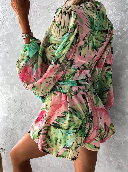 Summer Boho Deep V Neck Set - Casual Lantern Sleeve Top & Shorts - Buy Center US