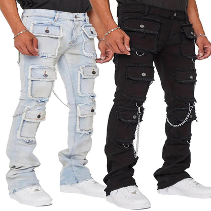 WQAFVG Men's Multi-Pocket Cargo Jeans - Stretch Straight-Leg Vintage Trousers - Buy Center US