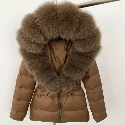 Elegant Large Real Fox Fur Coat - 90% Duck Down Puffer Jacket - Buy Center US