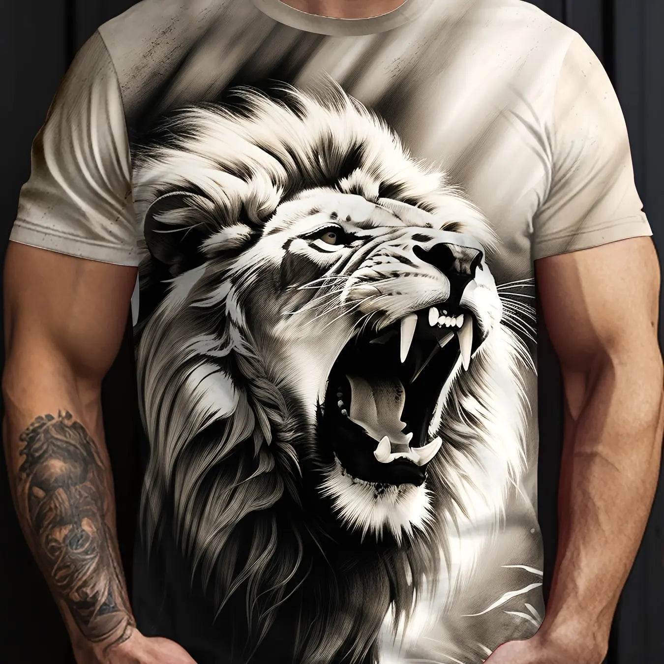 Men's Lion Print Crew Neck T-Shirt - Soft, Breathable Summer Casual Wear - Buy Center US