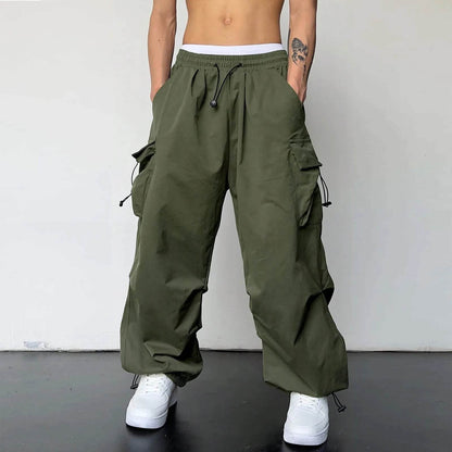 Men's Casual Mid Waist Cargo Pants - Solid Color with Woven Pockets - Buy Center US