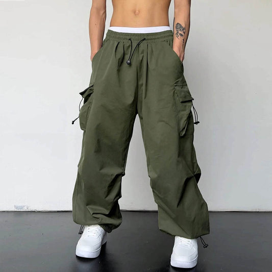 Men's Casual Mid Waist Cargo Pants - Solid Color with Woven Pockets - Buy Center US