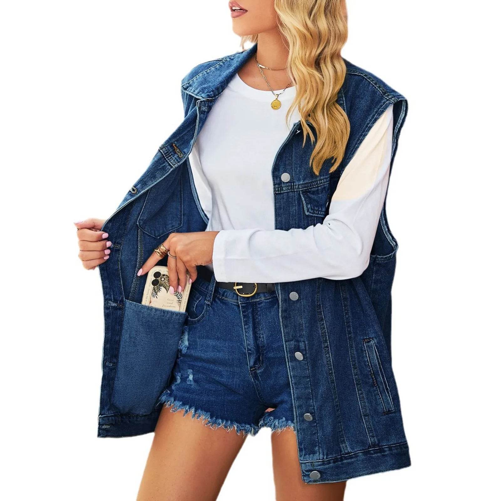 KLV Women's Vintage Oversized Denim Jacket - Casual Spring/Summer Wear - Buy Center US