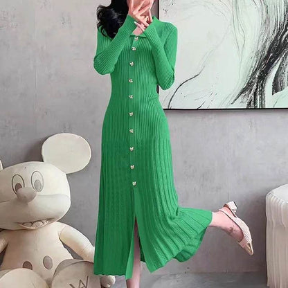 Chic Women’s V-Neck Long Dress - Slim Fit, Patchwork Puff Sleeve - Buy Center US
