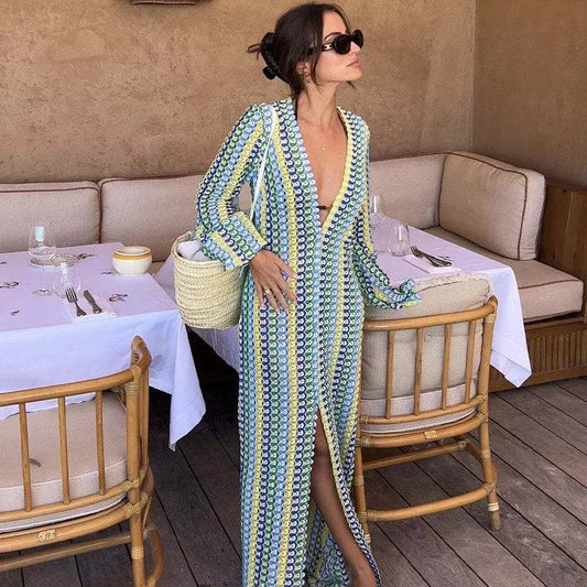 MsChuh Women’s Stripe Flare Sleeve Maxi Dress - V-Neck, Casual Style - Buy Center US