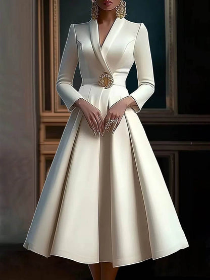 Elegant Women's V-Neck Midi Dress - Long Sleeve Pleated Design - Buy Center US