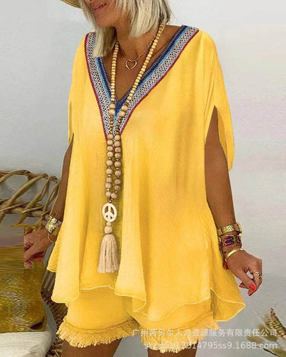 Kalenmos Women's V-Neck Casual Shorts Set - Elegant Y2K Summer Style - Buy Center US