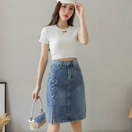 Kawaii Women's Denim Midi Skirt - Elegant A-Line Casual Style - Buy Center US