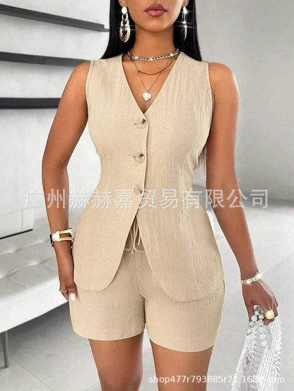 Women's Elegant Commuter Shorts Set - V-Neck Sleeveless Top & Shorts - Buy Center US