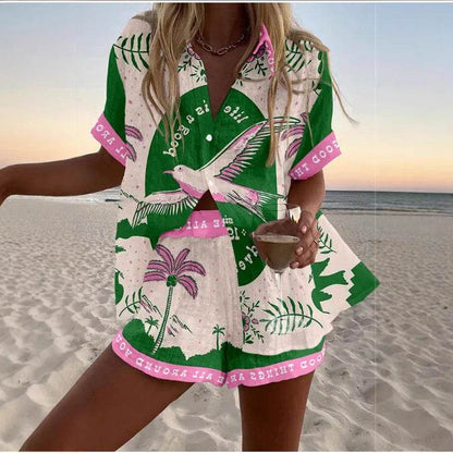 Women's Summer Print 2-Piece Beach Set - Casual Short Sleeve Top - Buy Center US