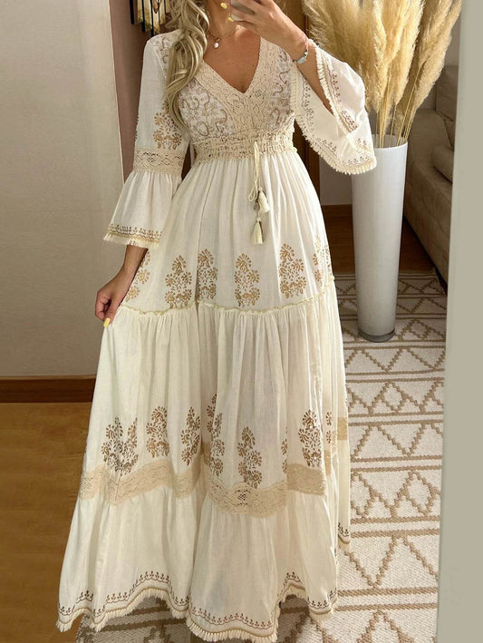 Elegant Floral Print V-Neck Maxi Dress for Women - Flared Sleeves - Buy Center US