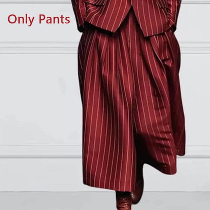 Beautyblue Women's Vintage Blazer Set - Striped Loose Wide Leg Trousers - Buy Center US
