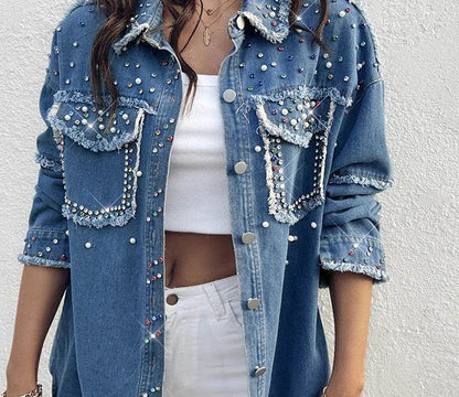 Mandylandy Women's Colorful Denim Blouse - Turn-down Collar with Pockets - Buy Center US