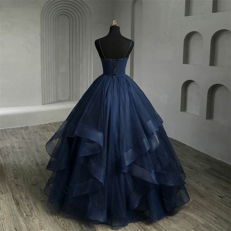Y&M NOVIAS Navy Blue Quinceanera Dress - Ruffled V-Neck Gown - Buy Center US