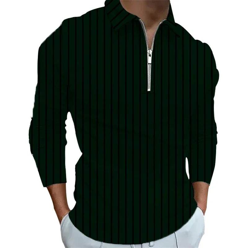 Casual Stripe Polo Shirt for Men - Long Sleeve Zipper Top in Autumn - Buy Center US