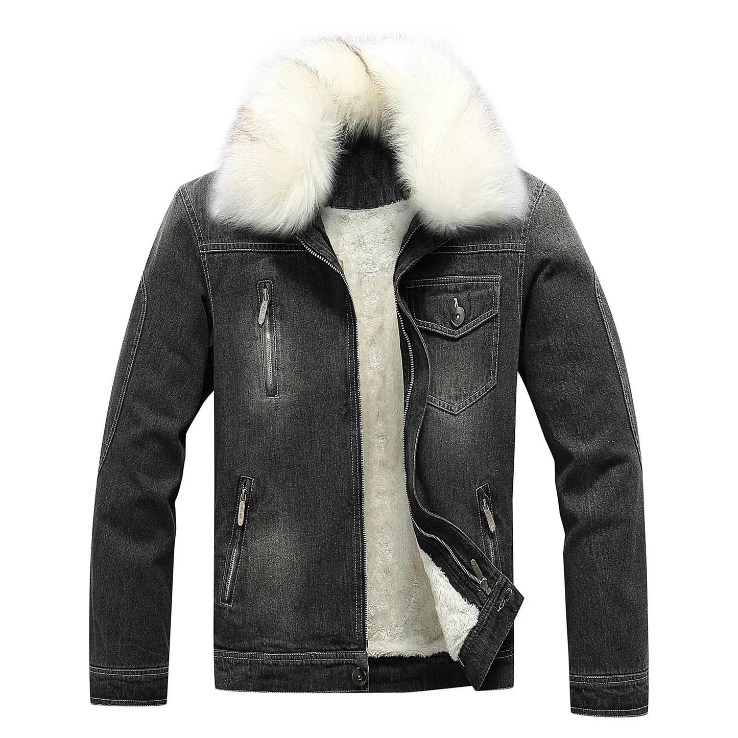 Men's Winter Fleece Lined Fur Collar Jean Jacket - Warm Denim Outerwear - Buy Center US