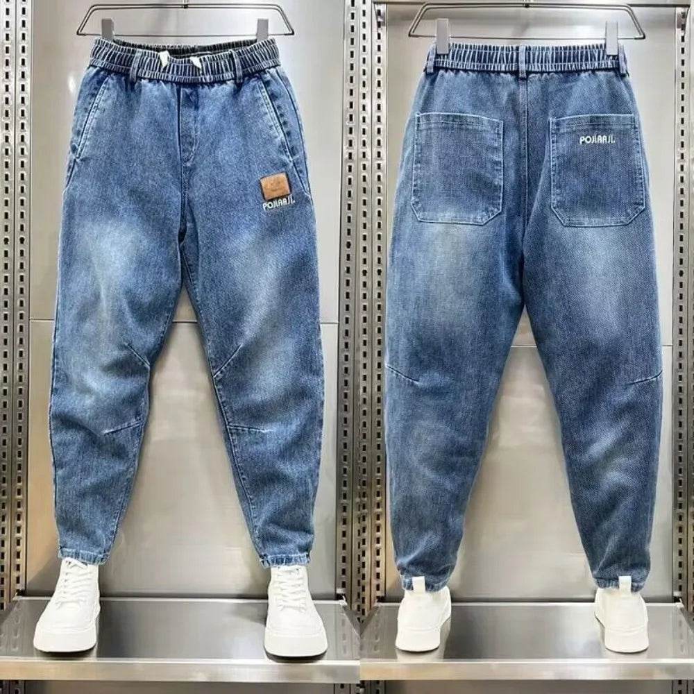 Korean Fashion Men’s Denim Harem Pants - Embroidered Loose Fit Jeans - Buy Center US