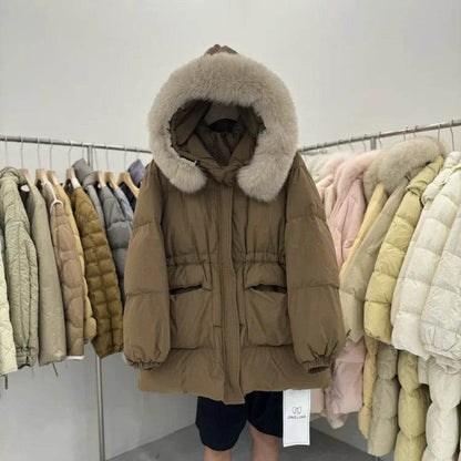 LAJWMPLX Women’s Winter Puffer Coat - Real Raccoon Fur Hood, Waterproof - Buy Center US