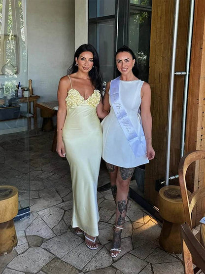 Yellow V-Neck Satin Dress - Sleeveless Backless Women’s Party Wear - Buy Center US