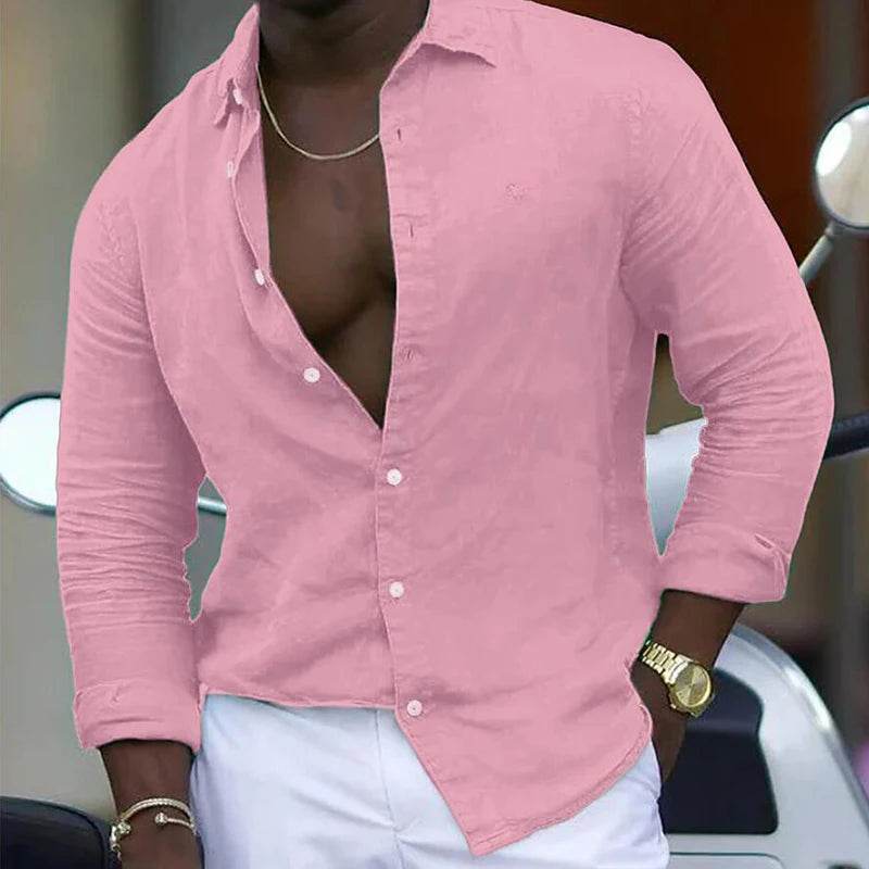 Casual Cotton Linen Mens Shirt - Loose Fit Turn-Down Collar, Long Sleeve - Buy Center US