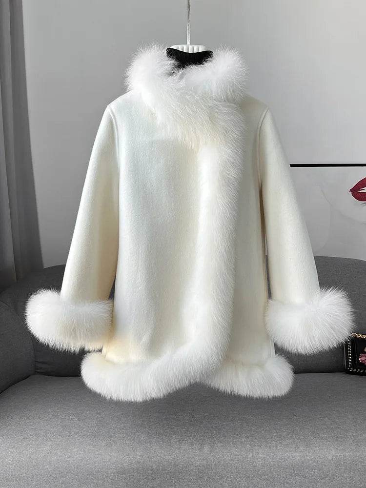 Elegant Real Fox Fur Collar Coat - Women's Wool Cloak for 2024 - Buy Center US