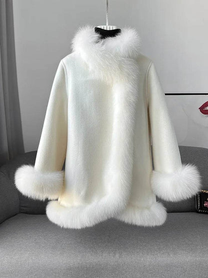 Elegant Real Fox Fur Collar Coat - Women's Wool Cloak for 2024 - Buy Center US