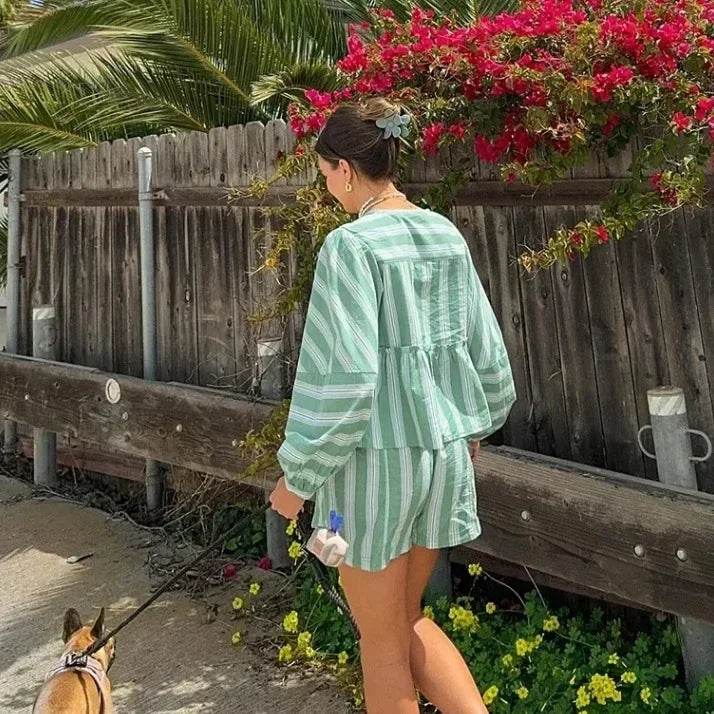 Chic Striped Lantern Sleeve Casual Top & Shorts Set for Women - Buy Center US