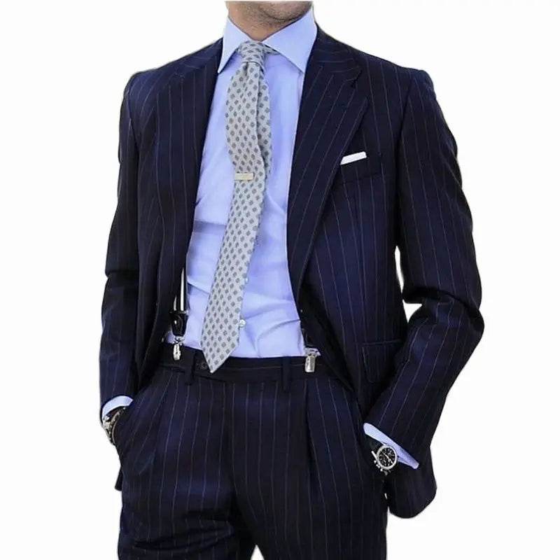 Navy Blue Striped Slim Fit Suit for Men - Perfect Wedding Tuxedo - Buy Center US