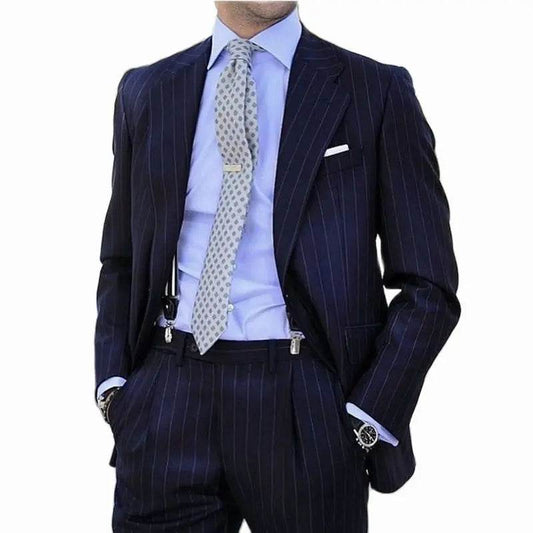 Navy Blue Striped Slim Fit Suit for Men - Perfect Wedding Tuxedo - Buy Center US