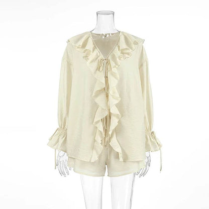 Tornova Women's Ruffled Shorts Set - V Neck Lace Up Casual Style - Buy Center US