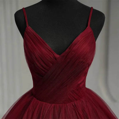 Dark Red Spaghetti Strap V-Neck Quinceanera Dress - Boho Ball Gown - Buy Center US