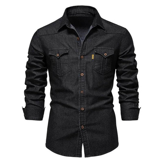 High-Quality Cotton Denim Shirt - Men's Slim Fit Casual Long Sleeve - Buy Center US