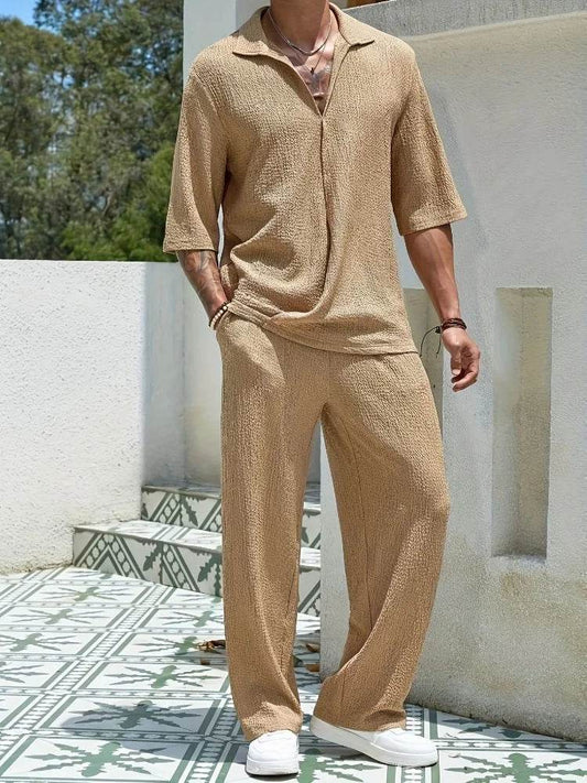 Men's Retro Casual Suit - Solid V-Neck Shirt & Drawstring Pants Set - Buy Center US