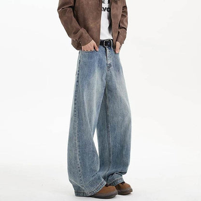 Classic Blue Washed Men's Denim Pants - Casual Loose Fit Trousers - Buy Center US