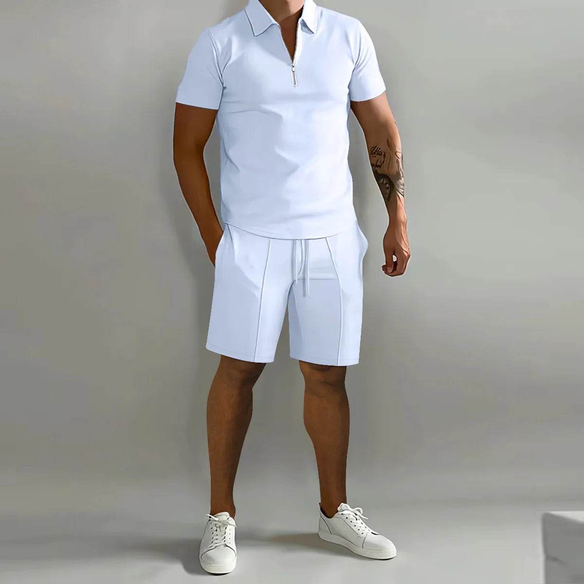 Men's Casual Solid Color Polo Shirt & Vertical Stripe Pants Set - Buy Center US