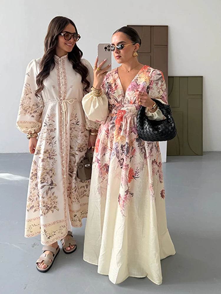 Chic Floral Print Women's Dress - Elegant V-Neck & Lantern Sleeves - Buy Center US