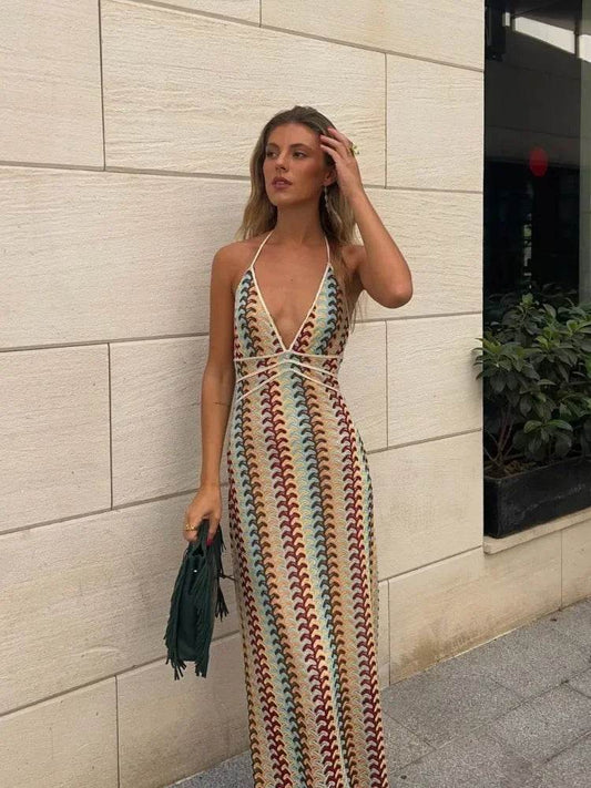 Beainmmry Colorful Deep V-neck Maxi Dress - Chic Sleeveless Design - Buy Center US