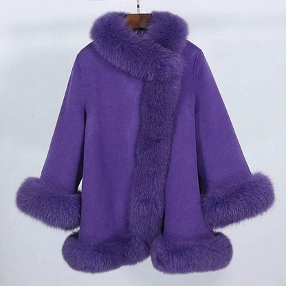 Elegant Real Fox Fur Collar Coat - Women's Wool Cloak for 2024 - Buy Center US