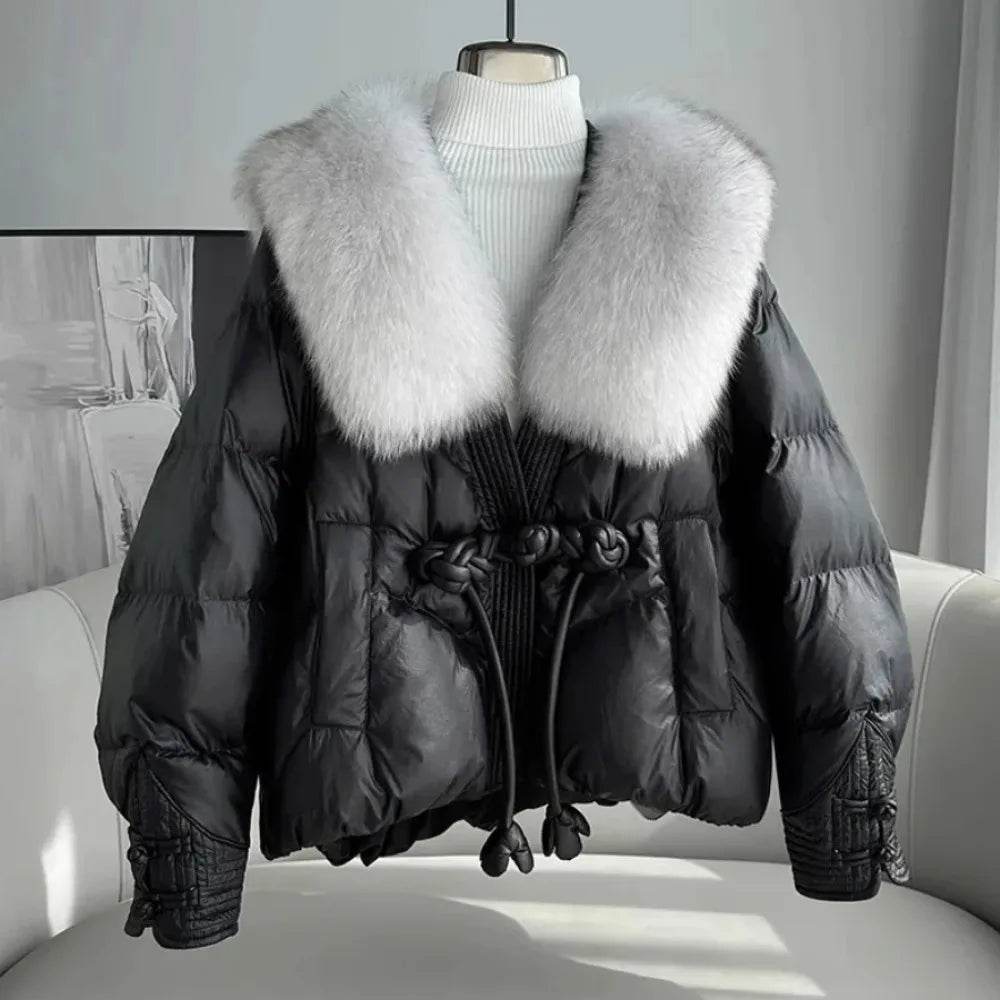 Women's Chinese Style Down Jacket - Fox Fur Collar, Winter Warmth - Buy Center US