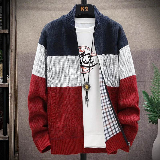 SNOW PINNACLE Men's Thick Velvet Cardigan: Patchwork Zipper Sweatercoat - Buy Center US