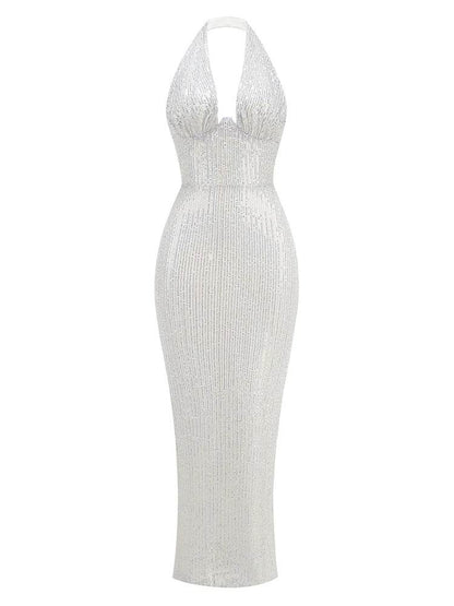 Green Maxi Dress for Women - Sexy V Neck Sleeveless Sequined Gown - Buy Center US