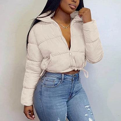 Women's Autumn Winter Stand Collar Padded Cropped Jacket - Zipper - Buy Center US