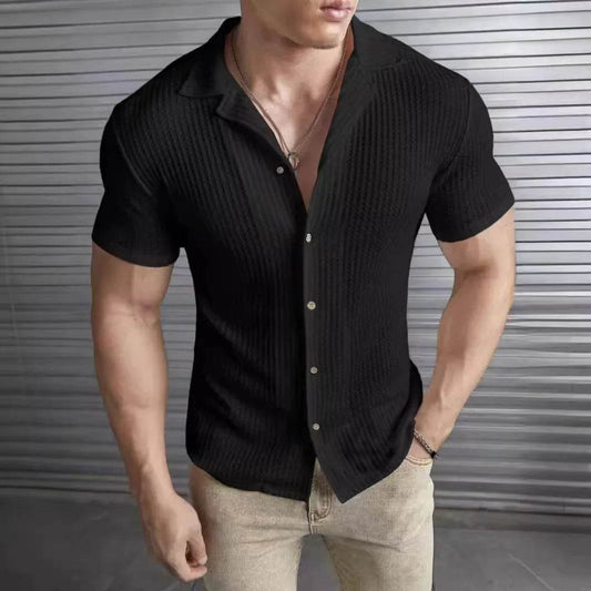 Casual Slim Fit Men's Shirt - Short Sleeved Solid Striped Spring Summer Top - Buy Center US