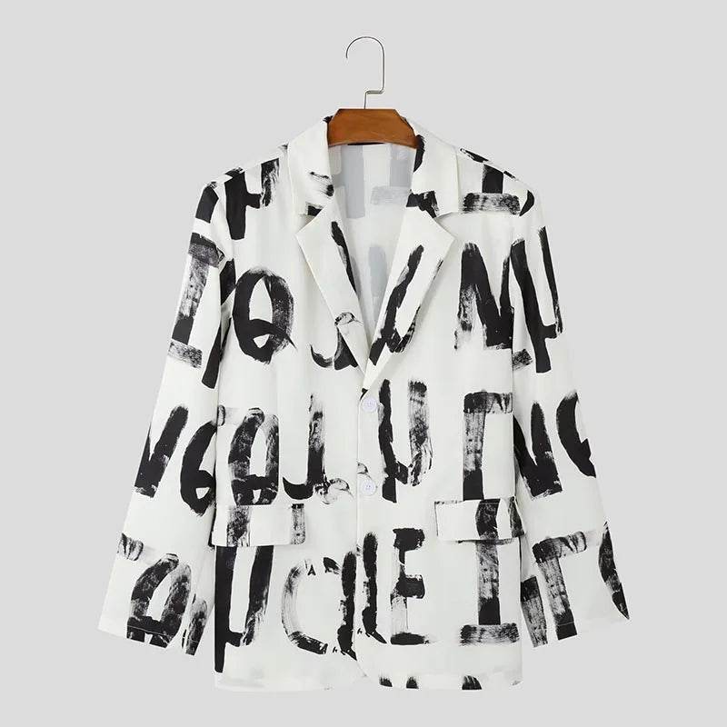 INCERUN Men's Casual Hand-Drawn Letter Design Blazer - Stylish Lapel Jacket - Buy Center US
