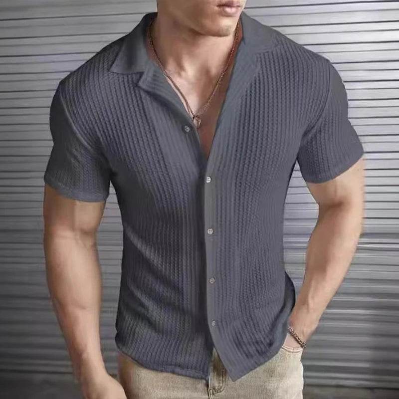 Casual Slim Fit Men's Shirt - Short Sleeved Solid Striped Spring Summer Top - Buy Center US