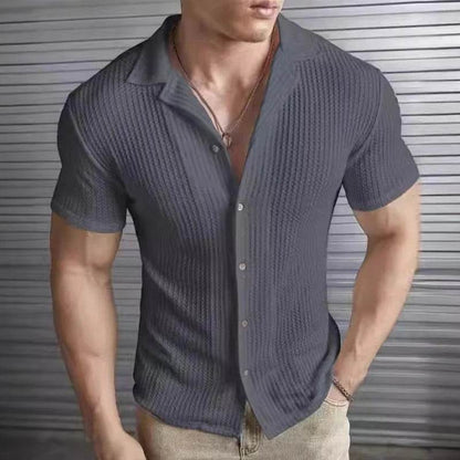 Casual Slim Fit Men's Shirt - Short Sleeved Solid Striped Spring Summer Top - Buy Center US