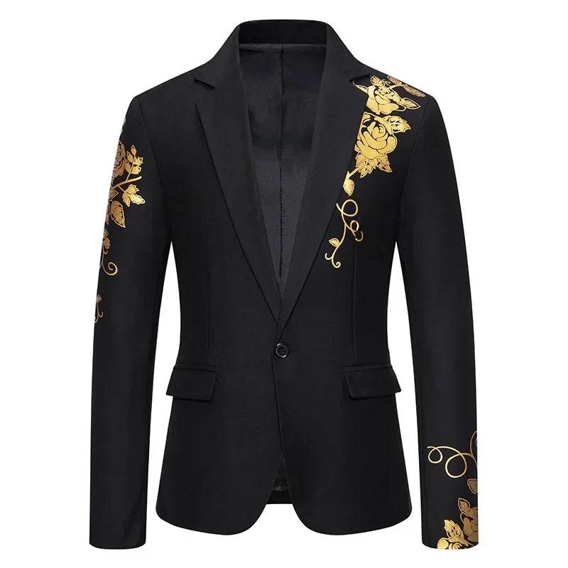 Stylish Men's Wedding Blazer - Black/White/Royal Blue Rose Print - Buy Center US