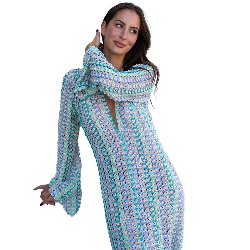 MsChuh Women’s Stripe Flare Sleeve Maxi Dress - V-Neck, Casual Style - Buy Center US