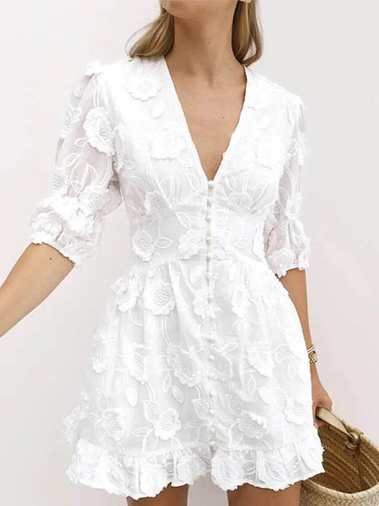 Elegant Lace V-Neck Midi Dress for Women - Spring 2024 Party Style - Buy Center US