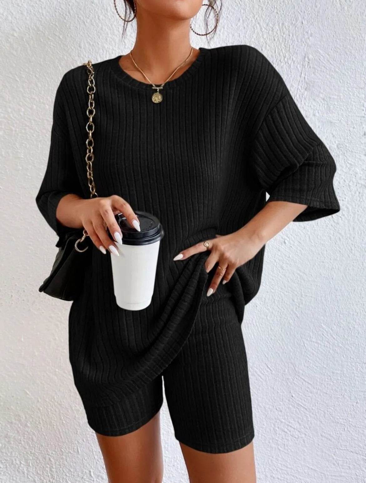 Casual Women’s Spring/Summer Two-Piece Set - O Neck Top & Shorts - Buy Center US